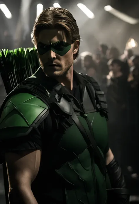 A cinematic image of jensen ackles as Green Arrow live action