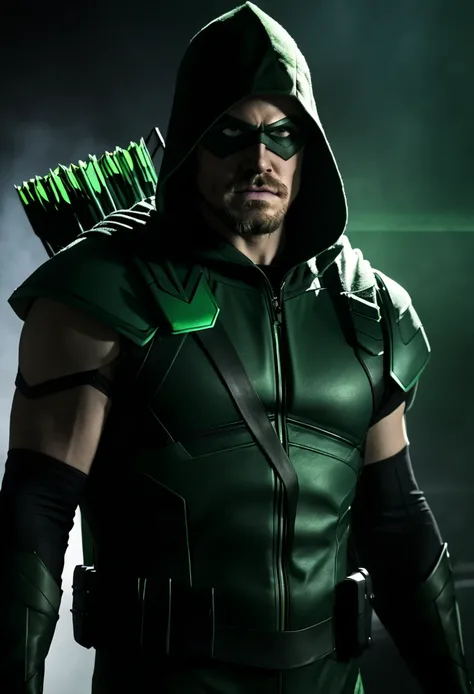 cinematic image of Stephen Amell as Green Arrow live action