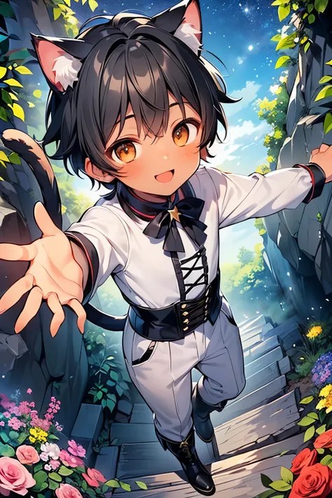 ((A boy:1.3)),((handsome:1.3)),((solo:1.3)),((black hair:1.25)),((short hair:1.25)),((brown eyes)),(light step:1.0),(long sleeve casual wear:1.1),(corset:1.1),(outstretched arms:1.1),//,((flower garden in a cave:1.1)),(looking viewer:1.0),(open your mouth:...