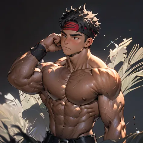 ((masterpiece, best quality)), (((((Black Background, Dark night, (Depth of field:1.2), upper body, looking up))))), (1 boy, Young guy, muscler, Shirtless, topless), ((((1boy, solo, tough, reliable)))), (Dark Short straight hair, ((almost completely shaved...