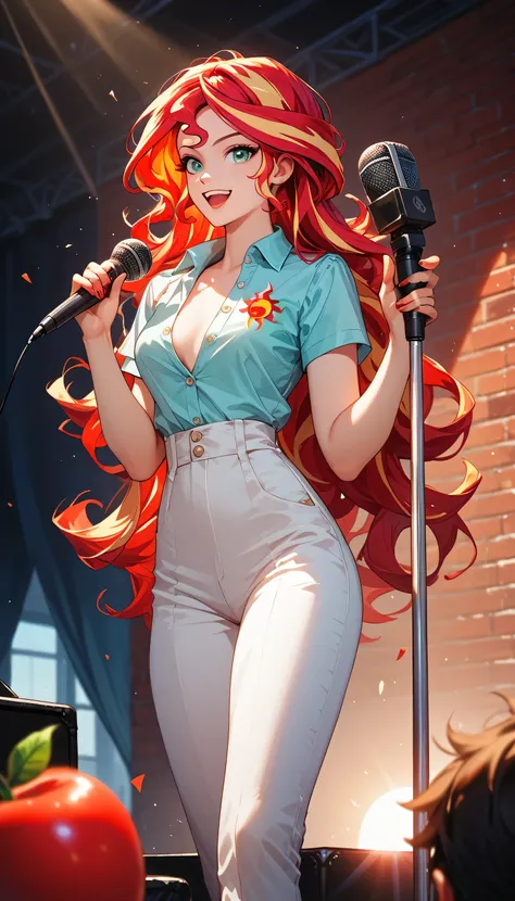 getting hit in the face with a tomato, tomato splattering against her face, Sunset Shimmer, as a stand-up comedian, standing in front of a brick wall on a stage, holding a microphone, microphone stand, wearing dress pants and a button up shirt