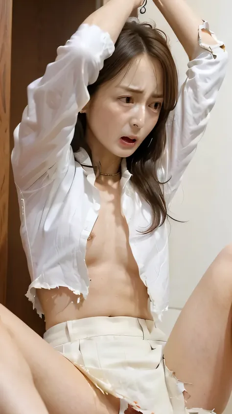 ((best quality, 8K wallpaper,  35 mm lens, highly realistic picture, high resolution, detailed face, detailed skin, masterpiece)), (solo:1.5), (torn clothes:1.5), (Japanese female teacher opens her legs to show vagina and is shouting to stop abuse with her...