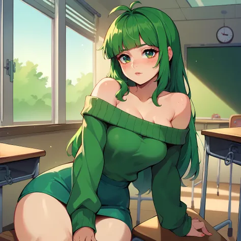 (masterpiece, best quality), 1girl, Vannamelon, indoors, classroom, seated, green eyes, green hair, long hair, green off shoulder sweater, green pencil skirt, red and green platforms