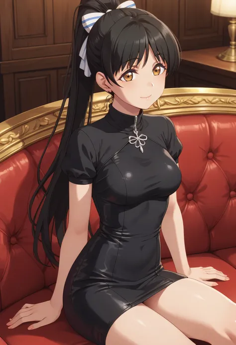 An image of Ren Hazuki with long black hair and a ponytail ,  with medium breasts in a tight short black dress , with a high collar , with open neckline on the breasts ,  sitting with her legs open in a hotel room posing erotically,  ready to make love.