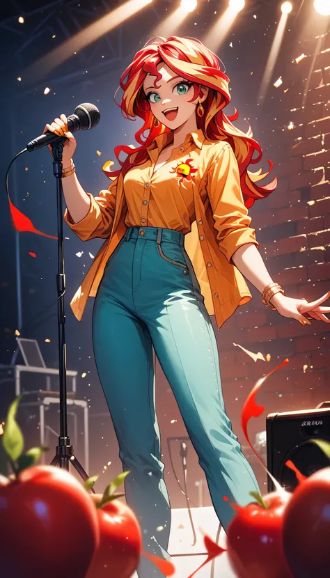 Sunset Shimmer, as a stand-up comedian, standing in front of a brick wall on a stage, holding a microphone, microphone stand, getting hit in the face with a tomato, splattering tomato, wearing dress pants and a button up shirt