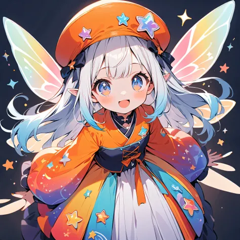 girl, blinking, best quality, milky white and blue gradient hair color, colorful and cute gothic kimono costume, star fairy, little fairy feathers growing from above waist, simple background, orange and navy blue color palette, casquette hat with rainbow m...