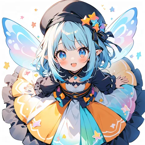 girl, blinking, best quality, milky white and blue gradient hair color, colorful and cute gothic kimono costume, star fairy, little fairy feathers growing from above waist, simple background, orange and navy blue color palette, casquette hat with rainbow m...