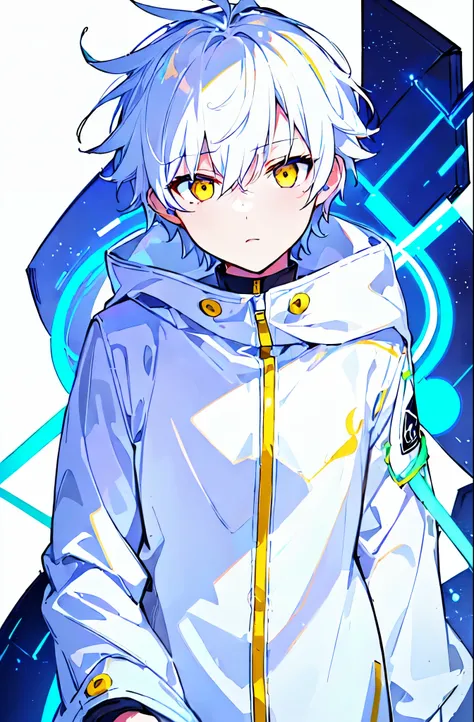 [(WHITE BACKGROUND:1.5),::5], (((masterpiece))), high quality, ultra_very_high_resolution, large_filesize, (upper body), (white base), full color, (solo), ((little younger boy)), ((men's white short hair)), yellow eyes, anime, neon light, white parka,