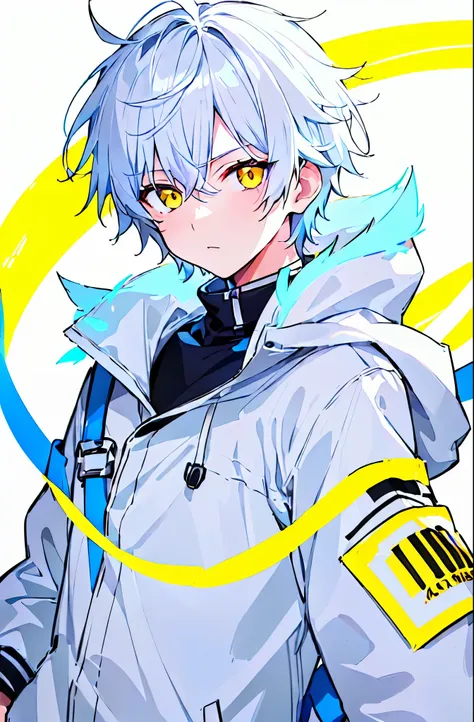 [(WHITE BACKGROUND:1.5),::5], (((masterpiece))), high quality, ultra_very_high_resolution, large_filesize, (upper body), (white base), full color, (solo), ((little younger boy)), ((men's white short hair)), yellow eyes, anime, neon light, white parka,