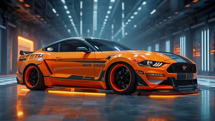 A Cyber Orange 2025 Ford Mustang gleaming under showroom spotlights, showcasing its bold paintwork and striking design details.  
