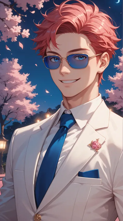 anime,  cartoon, Alone,  white man, Red colored hair,  blue eyes, quiff ,  elegant suit ,  blue tie ,  blue sunglasses,  night, Pink Trees,  smile,  masterpiece,  High Quality.