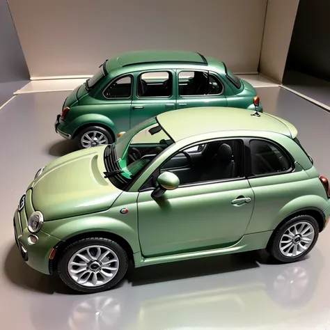 (( masterpiece, top quality, top quality)),GREEN FIAT 500 PLASTIC MODEL,  isometric 3D diorama , matte paint,Gentle lighting,Showcase