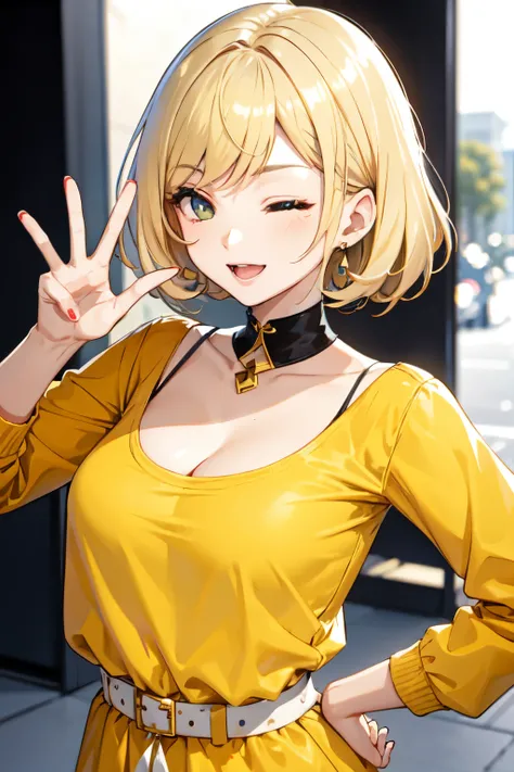 girl,peace sign,blonde,one eye closed,gal style clothing,posing for the camera,yellow clothes,twocolor