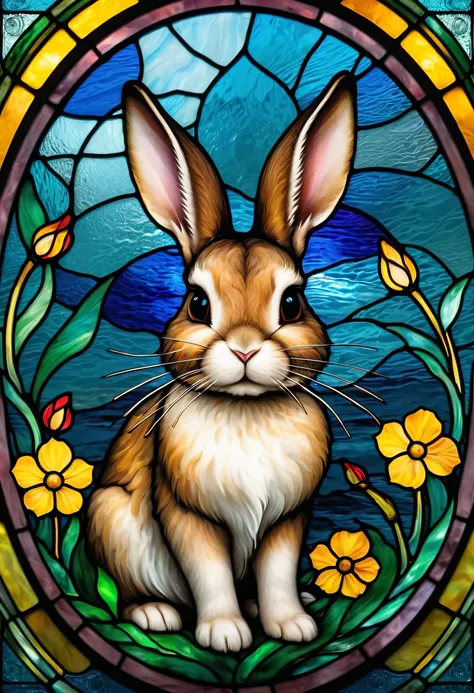 a close up of a framed picture of a rabbit in a stained glass window, vector art inspired by Louis Comfort Tiffany, behance contest winner, serial art, stained glass art, canvas art print, stained glass style, maxim verehin stained glass, high quality glos...