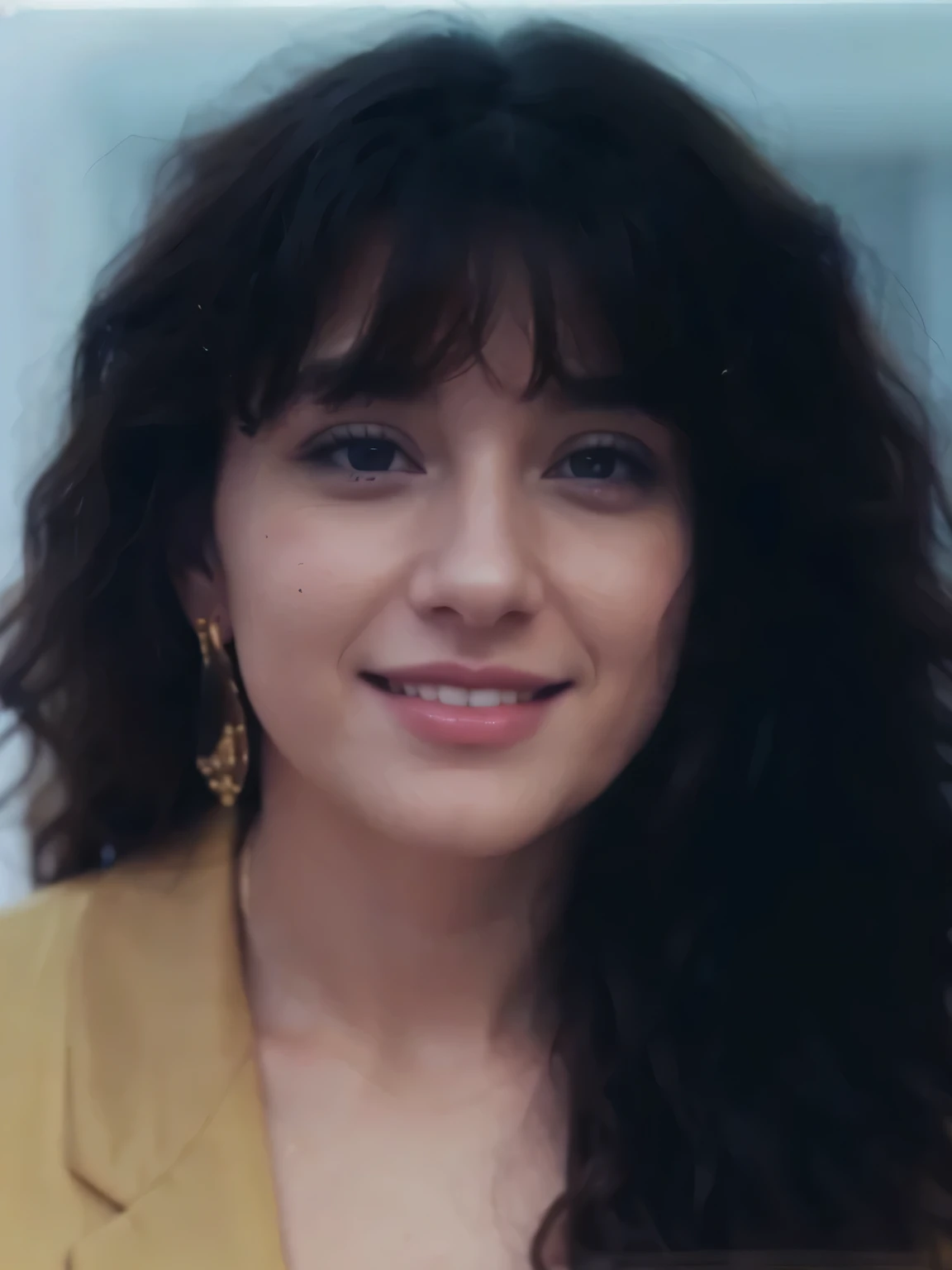 photo realistic,a woman with long curly hair and wearing a yellow blazer