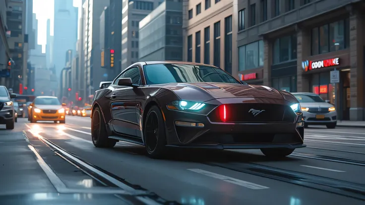 A cinematic image of the 2025 Ford Mustang engaging Automatic Emergency Braking, with a digital alert appearing on the dashboard.  
