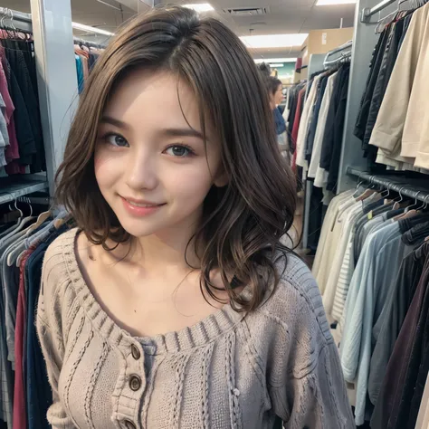  Cute 25-Year-Old Woman 、Second-hand clothing store、 big bust、smile、 top quality