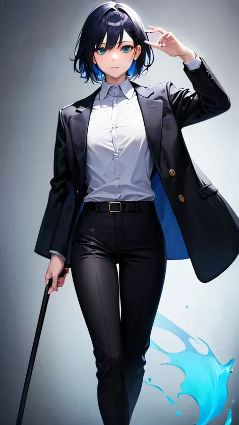  kvinner , Black, blue hair ,  tall , Detective Kit  ,  Black Pants  ,  Fantasy , spell ,  blue-green eyes  ,  White shirt inside , Long black and blue outerwear ,
