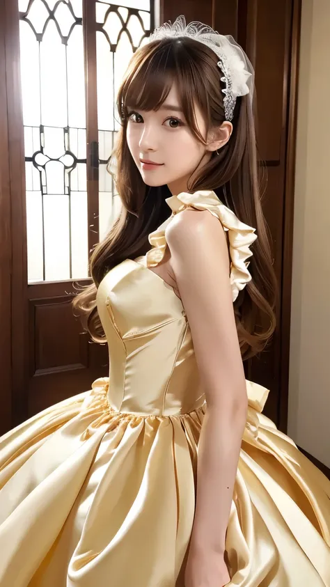 (((Top Quality))), (((Masterpiece))), (((Detail))), tall, looking at camera, face-to-face, golden shiny silk satin ruffle girly empire length wedding dress, hands thrust forward, Japanese, brown hair, long hair, gorgeous room,. Gorgeous ribbon hair accesso...