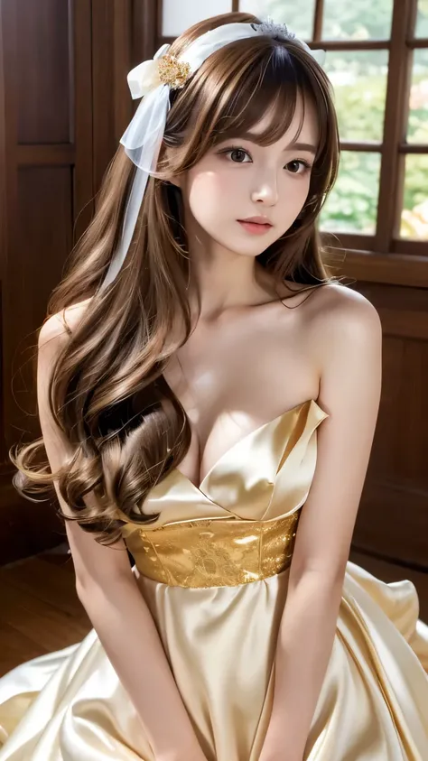 (((Top Quality))), (((Masterpiece))), (((Detail))), tall, looking at camera, face-to-face, golden shiny silk satin ruffle girly empire length wedding dress, hands thrust forward, Japanese, brown hair, long hair, gorgeous room,. Gorgeous ribbon hair accesso...