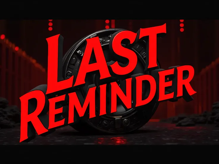 The image showcases a bold and striking design with the words "LAST REMINDER" clearly displayed. The dominant colors are RED and black tones, creating a sharp contrast. majestic time ielts and multilevel mock atmoshphere in the background enhances the dept...