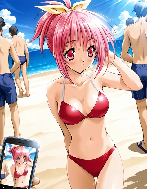 masterpiece, best quality, official art, amazing quality, ultra highres, very aesthetic, highly detailed,
   1girl  ,Serina, shiny eyes, beautiful detailed eyes, BREAK
red bikini,smile,((sunlight)),((look away)),(walking),arm behind back,hand in own hair,
...