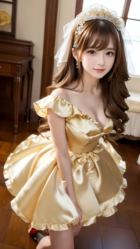 (((Top Quality))), (((Masterpiece))), (((Detail))), tall, looking at camera, face-to-face, golden shiny silk satin ruffle girly empire length wedding dress, hands thrust forward, Japanese, brown hair, long hair, gorgeous room,. Gorgeous ribbon hair accesso...