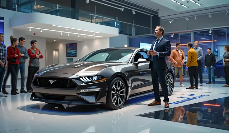 A Ford representative standing beside the 2025 Ford Mustang inside a showroom, engaging with potential customers and answering questions.  
