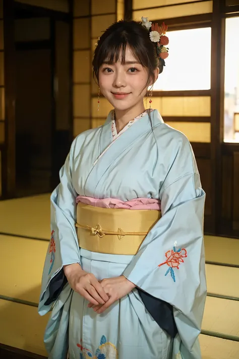 ( top quality,8k), ( Masterpiece),  one girl, Old Edo cityscape,  sunlight,  ornate hair ornament, (Luxurious, colorful Japanese kimono with fine embroidery:1.3), (An intelligent and beautiful face), Smile, ultra detailed finger.