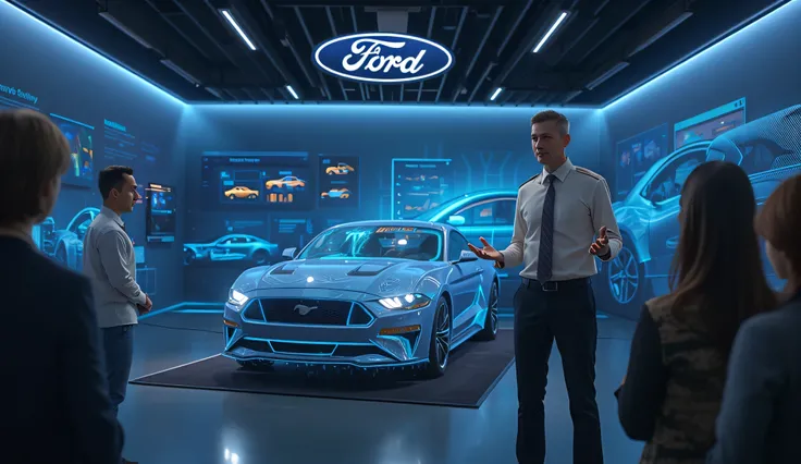 A Ford engineer in a showroom explaining the new aerodynamic enhancements on the 2025 Mustang using a digital 3D model display.  
