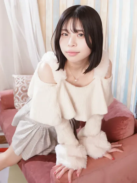 araffe woman sitting on a couch with her hands on her hips, with white fluffy fur, fluffy fluffy fur, soft fur, shikamimi, chiho, taken with canon 8 0 d, fluffy chest, pretty face with arms and legs, taken with canon eos 5 d mark iv, fur covering her chest...