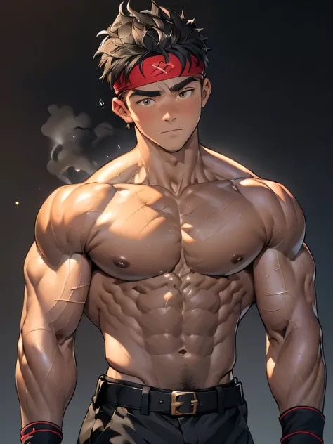 ((masterpiece, best quality)), (((((Black Background, Dark night, (Depth of field:1.2), upper body))))), (1 boy, Young guy, muscler, Shirtless, topless), ((((1boy, solo, tough, reliable)))), (Dark Short straight hair, ((almost completely shaved hair)), und...