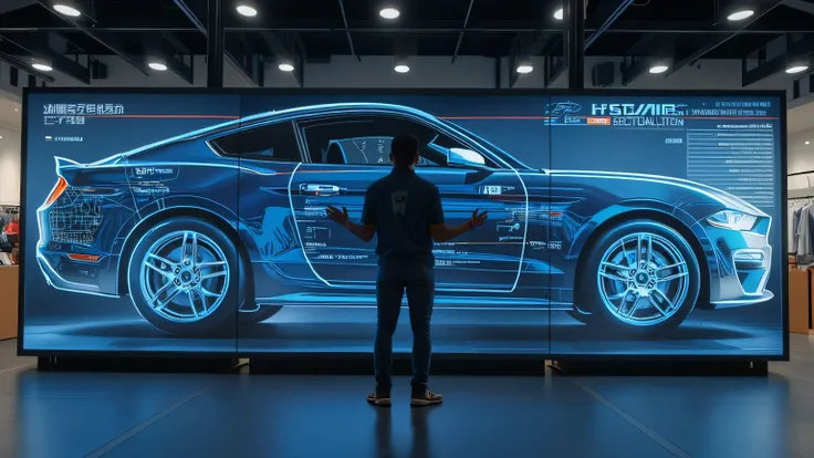 A customer customizing their 2025 Ford Mustang on a large interactive digital configurator inside a Ford dealership.  
