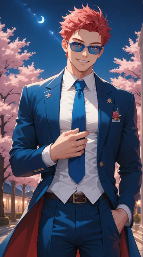 anime,  cartoon, Alone, white muscular man, Red colored hair,  blue eyes, quiff ,  elegant suit ,  blue tie ,  blue sunglasses,  night, Pink Trees,  smile,  masterpiece,  High Quality.