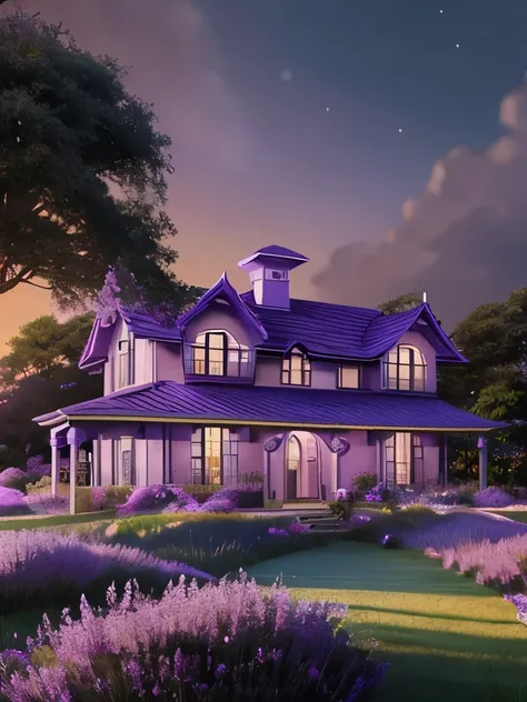 purple flowers and a house in the distance with a purple sky, violet sky, very magical and dreamy, purple beautiful sky, dreamy scene, dreamy night, purple sky, anime countryside landscape, magical dream-like atmosphere, far away dreamy atmosphere, magical...