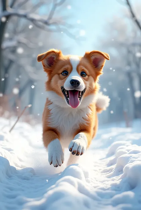 A dog having fun playing in the snow