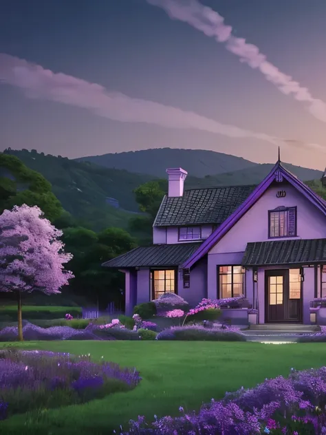 purple flowers and a house in the distance with a purple sky, violet sky, very magical and dreamy, purple beautiful sky, dreamy scene, dreamy night, purple sky, anime countryside landscape, magical dream-like atmosphere, far away dreamy atmosphere, magical...