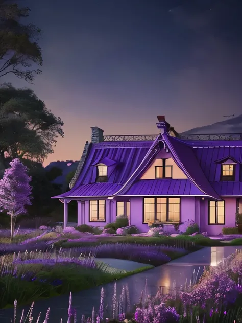 purple flowers and a house in the distance with a purple sky, violet sky, very magical and dreamy, purple beautiful sky, dreamy scene, dreamy night, purple sky, anime countryside landscape, magical dream-like atmosphere, far away dreamy atmosphere, magical...