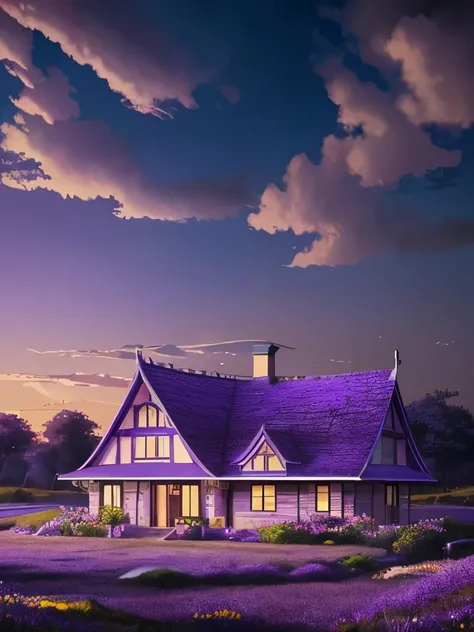 purple flowers and a house in the distance with a purple sky, digital art inspired by Andreas Rocha, trending on cg society, magical realism, violet sky, very magical and dreamy, purple beautiful sky, dreamy scene, dreamy night, purple sky, anime countrysi...