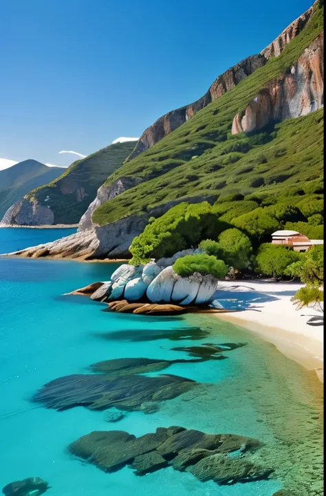 there is a body of water with rocks and trees on the side, view from the sea, crystal clear water, crystal clear blue water, turquoise water, mediterranean island scenery, clear blue water, crystal clear sea, incredibly beautiful, very close to real nature...