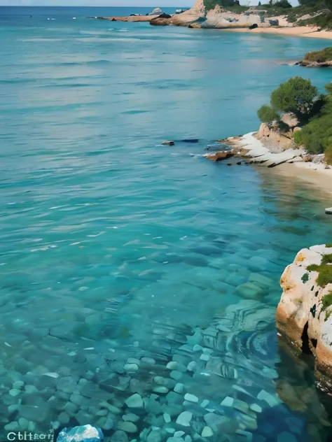 there is a body of water with rocks and trees on the side, a picture by Alexis Grimou, pexels, les nabis, view from the sea, crystal clear water, crystal clear blue water, turquoise water, mediterranean island scenery, clear blue water, crystal clear sea, ...