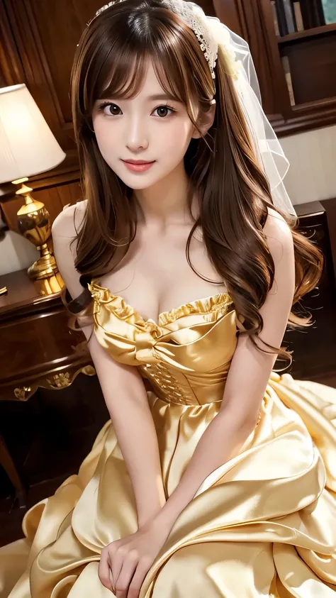 (((Top Quality))), (((Masterpiece))), (((Detail))), tall, looking at camera, face-to-face, golden shiny silk satin ruffle girly empire length wedding dress, hands thrust forward, Japanese, brown hair, long hair, gorgeous room,. Gorgeous ribbon hair accesso...