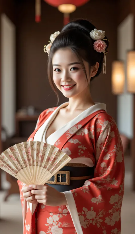 A symmetrically balanced distance wide angle image set in ancient tokugawa time era. The scene features a hyper-realistic, lively, luscious, and shapely anciently japanese woman, a folk geisha, with a blush and a smile, traditionally dressed in a shaped of...