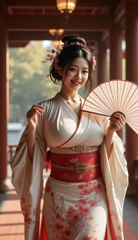 A symmetrically balanced distance wide angle image set in ancient tokugawa time era. The scene features a hyper-realistic, lively, luscious, and shapely anciently japanese woman, a folk geisha, with a blush and a smile, traditionally dressed in a shaped of...