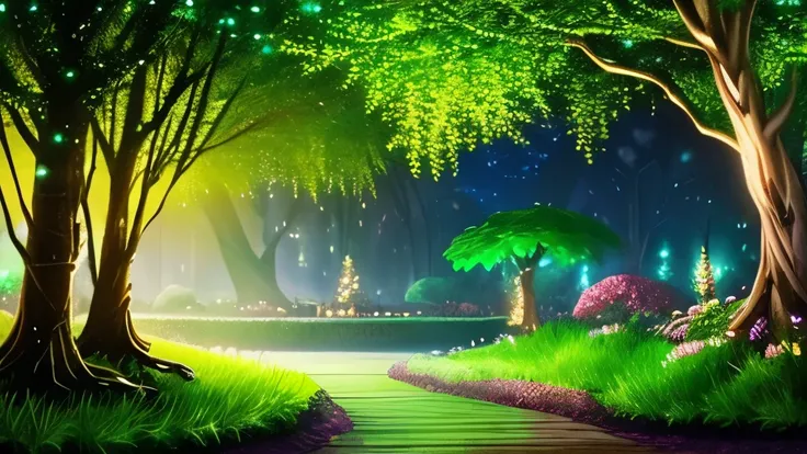 a tree with green leaves and lights in the night, fantasy magical vegetation, glowing plants, background artwork, fantasy tree, 🌺 cgsociety, concept art magical highlight, glowing flowers, magical fantasy forest, surreal waiizi flowers, large magical trees...