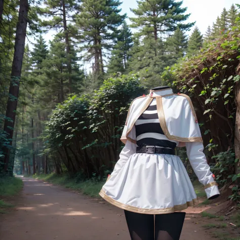 1girl, (invisible:1.5, no humans:1.5, headless:1.5, faceless:1.5), aafrie, white capelet, striped shirt, long sleeves, belt, white skirt, black pantyhose, (close-up shot of breasts), (8k, RAW photo, best quality, masterpiece:1.2), (realistic, photo-realist...