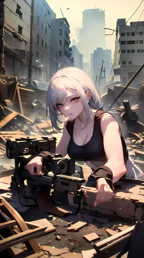 ((best quality)), ((masterpiece)), (detailed), perfect face, ((Best quality, 8k, Masterpiece: 1.3)),A battle-hardened female fighter hiding in a ruined building amidst an urban battlefield. She wears a white tank top and olive drab cargo pants, both staine...