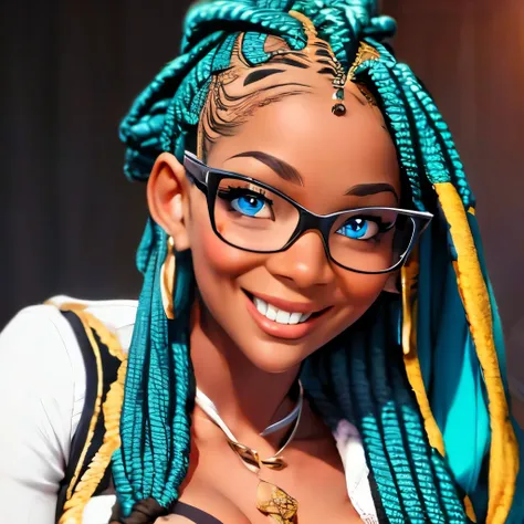 a close up of a woman with glasses and a necklace, a picture inspired by Lily Delissa Joseph, reddit, hurufiyya, african domme mistress, sie boob, blue glass dreadlocks, blue symmetric eyes 24yo, beautiful goddess, sexy eyes, close up half body shot, 3/4 b...