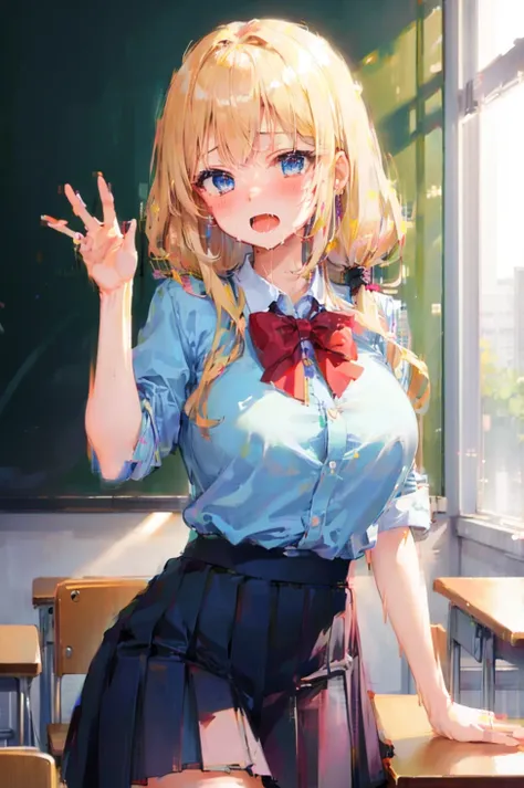  masterpiece,  top quality,  fine,  1 girl, ブロンド,  blue eyes,  blouse,  pleated skirt, Big Breasts, classroom, One hand up,   waving 、 blushes, saliva、 Bangs 