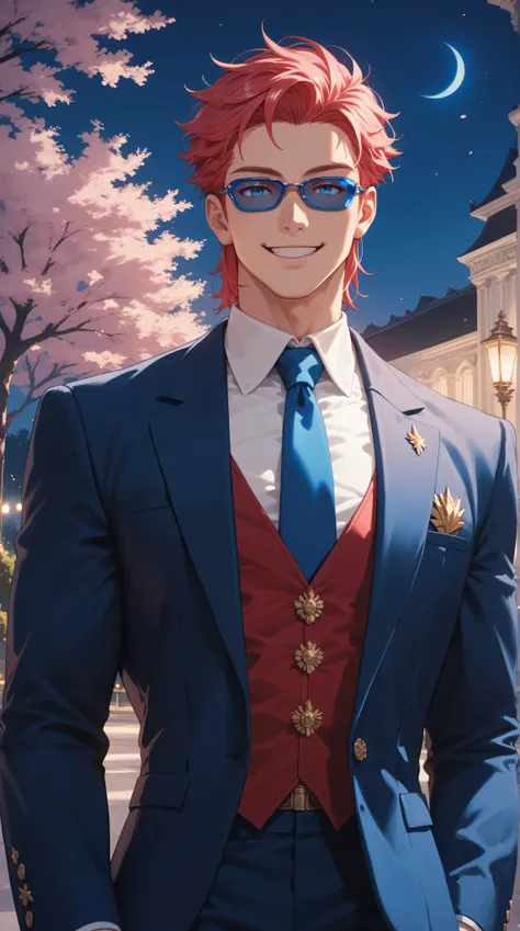 anime,  cartoon, Alone, white muscular man, Red colored hair,  blue eyes, quiff ,  elegant suit ,  blue tie ,  blue sunglasses,  night, Pink Trees,  smile,  masterpiece,  High Quality, Divine armor on the shoulders.